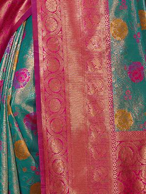 Sangam Prints Sea Green KanJivaram Silk Woven Work Traditional Tassle Saree 4