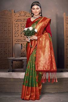 Sangam Prints Green KanJivaram Silk Woven Work Traditional Tassle Saree