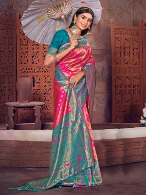 Sangam Prints Pink KanJivaram Silk Woven Work Traditional Tassle Saree 1