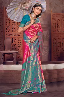 Sangam Prints Pink KanJivaram Silk Woven Work Traditional Tassle Saree