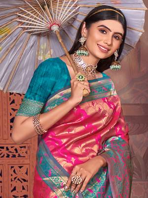Sangam Prints Pink KanJivaram Silk Woven Work Traditional Tassle Saree 2