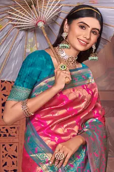 Sangam Prints Pink KanJivaram Silk Woven Work Traditional Tassle Saree