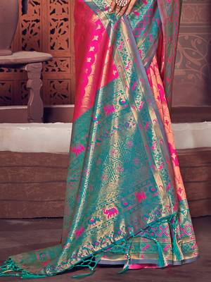 Sangam Prints Pink KanJivaram Silk Woven Work Traditional Tassle Saree 3