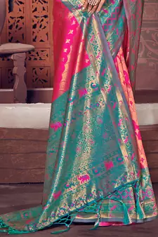 Sangam Prints Pink KanJivaram Silk Woven Work Traditional Tassle Saree