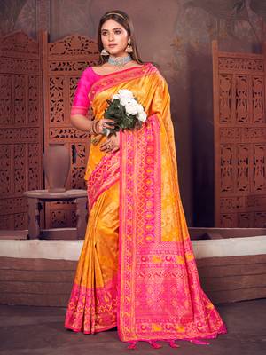 Sangam Prints Mustard KanJivaram Silk Woven Work Traditional Tassle Saree 1