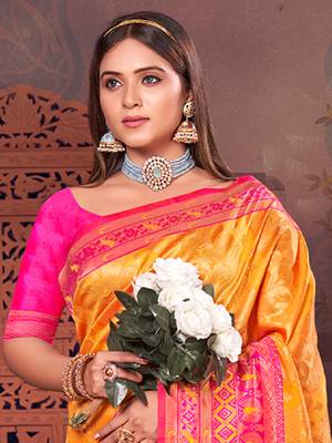 Sangam Prints Mustard KanJivaram Silk Woven Work Traditional Tassle Saree 2