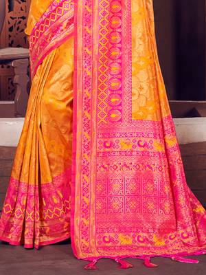 Sangam Prints Mustard KanJivaram Silk Woven Work Traditional Tassle Saree 3