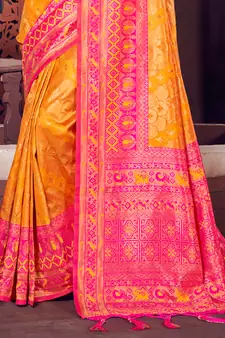Sangam Prints Mustard KanJivaram Silk Woven Work Traditional Tassle Saree