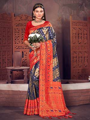Sangam Prints Navy Blue KanJivaram Silk Woven Work Traditional Tassle Saree 1