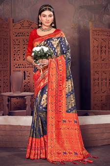 Sangam Prints Navy Blue KanJivaram Silk Woven Work Traditional Tassle Saree