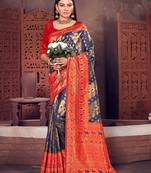 Sangam Prints Navy Blue KanJivaram Silk Woven Work Traditional Tassle Saree