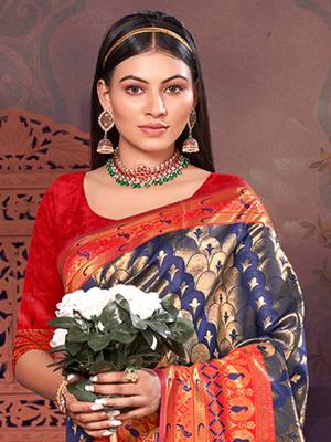 Sangam Prints Navy Blue KanJivaram Silk Woven Work Traditional Tassle Saree 2