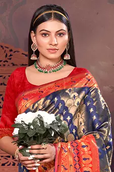Sangam Prints Navy Blue KanJivaram Silk Woven Work Traditional Tassle Saree