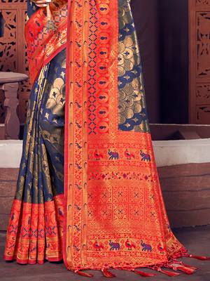 Sangam Prints Navy Blue KanJivaram Silk Woven Work Traditional Tassle Saree 3