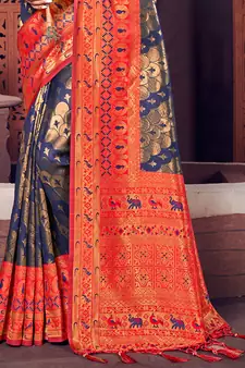 Sangam Prints Navy Blue KanJivaram Silk Woven Work Traditional Tassle Saree