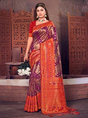 Sangam Prints Purple KanJivaram Silk Woven Work Traditional Tassle Saree 1