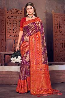Sangam Prints Purple KanJivaram Silk Woven Work Traditional Tassle Saree