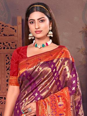 Sangam Prints Purple KanJivaram Silk Woven Work Traditional Tassle Saree 2