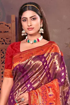 Sangam Prints Purple KanJivaram Silk Woven Work Traditional Tassle Saree