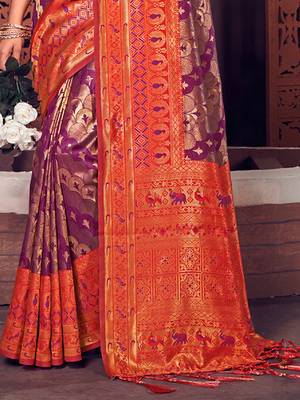 Sangam Prints Purple KanJivaram Silk Woven Work Traditional Tassle Saree 3