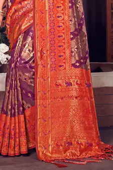 Sangam Prints Purple KanJivaram Silk Woven Work Traditional Tassle Saree