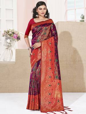 Sangam Prints Purple KanJivaram Silk Woven Work Traditional Tassle Saree 1