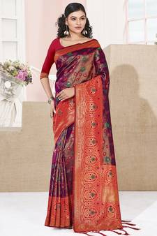 Sangam Prints Purple KanJivaram Silk Woven Work Traditional Tassle Saree