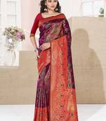 Sangam Prints Purple KanJivaram Silk Woven Work Traditional Tassle Saree