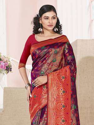 Sangam Prints Purple KanJivaram Silk Woven Work Traditional Tassle Saree 2