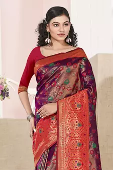 Sangam Prints Purple KanJivaram Silk Woven Work Traditional Tassle Saree
