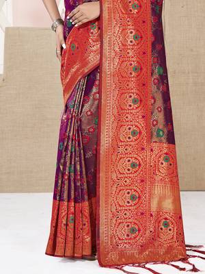 Sangam Prints Purple KanJivaram Silk Woven Work Traditional Tassle Saree 3