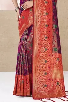 Sangam Prints Purple KanJivaram Silk Woven Work Traditional Tassle Saree