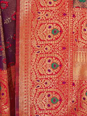 Sangam Prints Purple KanJivaram Silk Woven Work Traditional Tassle Saree 4
