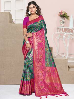 Sangam Prints Rama Green KanJivaram Silk Woven Work Traditional Tassle Saree 1