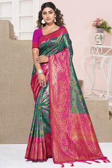 Sangam Prints Rama Green KanJivaram Silk Woven Work Traditional Tassle Saree