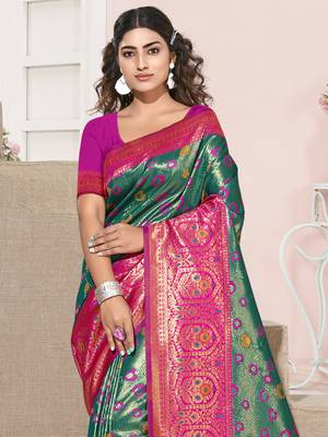 Sangam Prints Rama Green KanJivaram Silk Woven Work Traditional Tassle Saree 2