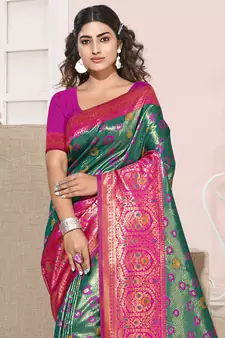 Sangam Prints Rama Green KanJivaram Silk Woven Work Traditional Tassle Saree