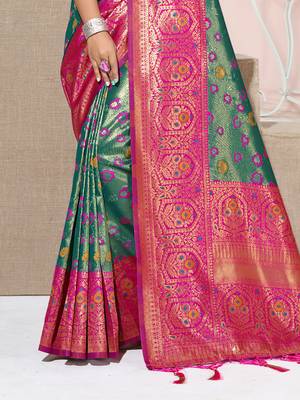 Sangam Prints Rama Green KanJivaram Silk Woven Work Traditional Tassle Saree 3