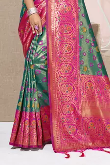 Sangam Prints Rama Green KanJivaram Silk Woven Work Traditional Tassle Saree