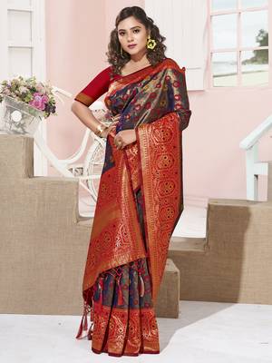 Sangam Prints Violet KanJivaram Silk Woven Work Traditional Tassle Saree 1