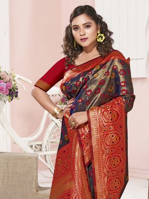 Sangam Prints Violet KanJivaram Silk Woven Work Traditional Tassle Saree 2