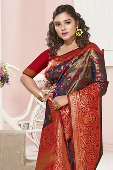 Sangam Prints Violet KanJivaram Silk Woven Work Traditional Tassle Saree
