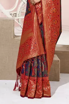 Sangam Prints Violet KanJivaram Silk Woven Work Traditional Tassle Saree
