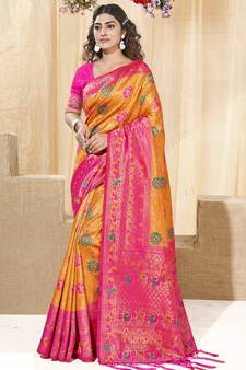 Sangam Prints Yellow KanJivaram Silk Woven Work Traditional Tassle Saree