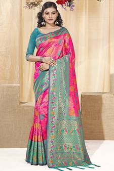 Sangam Prints Pink KanJivaram Silk Woven Work Traditional Tassle Saree