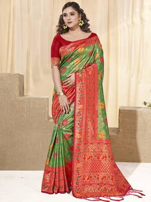 Sangam Prints Green KanJivaram Silk Woven Work Traditional Tassle Saree 1