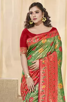 Sangam Prints Green KanJivaram Silk Woven Work Traditional Tassle Saree