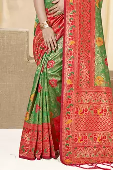 Sangam Prints Green KanJivaram Silk Woven Work Traditional Tassle Saree