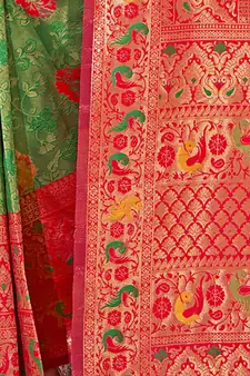Sangam Prints Green KanJivaram Silk Woven Work Traditional Tassle Saree