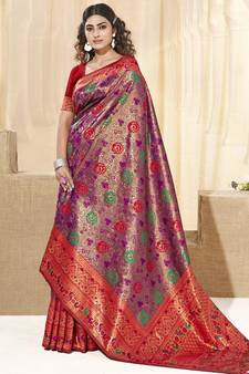 Sangam Prints Violet KanJivaram Silk Woven Work Traditional Tassle Saree